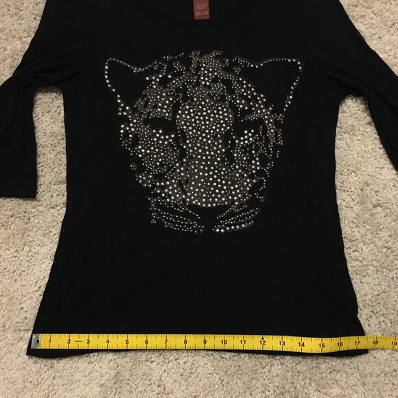 Olsen Europe Metal Studded Big Cat Head Black Shirt - Picture 13 of 15